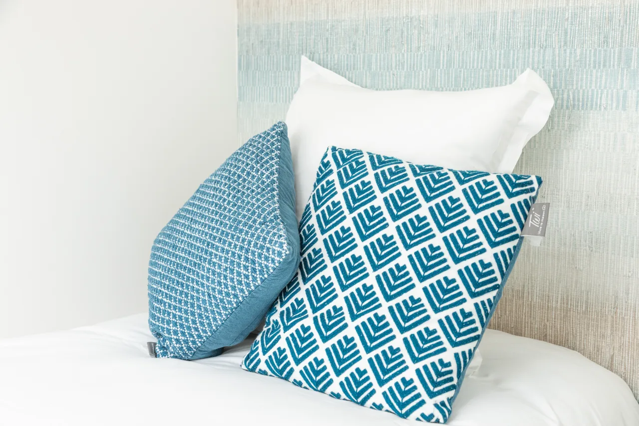 Loft La Vesée — chambre pastel, gros plan sur les coussins bleus