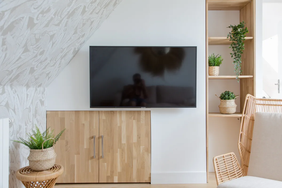 Maison La Vesée, l'appartement Alpinia, le salon, détail sur la télévision