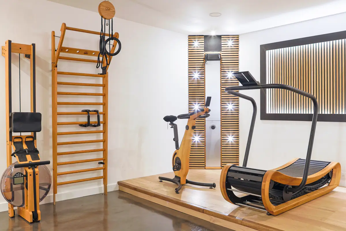Maison La Vesée, l'Annexe, la salle de sports, le matériel WaterRower et NOHrD — vélo, tapis de course, espalier et rameur rangés contre le mur