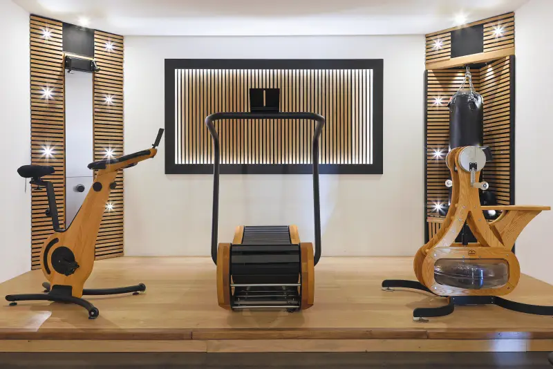 Maison La Vesée, l'Annexe, la salle de sports, vue générale de l'espace cardio : vélo, tapis de course, vélo à bras, SkiErg et sac de frappe, équipements WaterRower et NOHrD