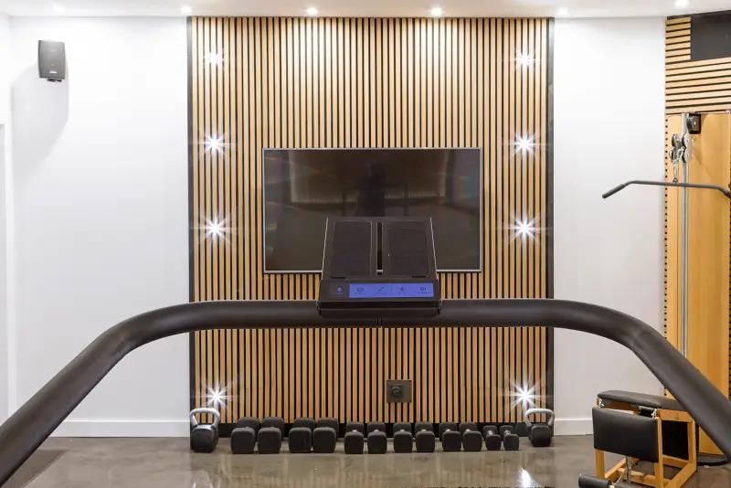 Maison La Vesée, l'Annexe, la salle de sports, vue depuis le tapis de course vers l'écran plat, équipements WaterRower et NOHrD