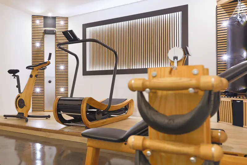 Maison La Vesée, l'Annexe, la salle de sports, vue générale de l'espace cardio, les haltères SwingBell au premier plan