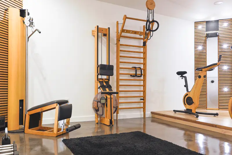 Maison La Vesée, l'Annexe, la salle de sports, l'espace musculation : espalier NOHrD, banc à abdominaux Tria Trainer, poulie SlimBeam et anneaux de traction, le vélo en arrière-plan