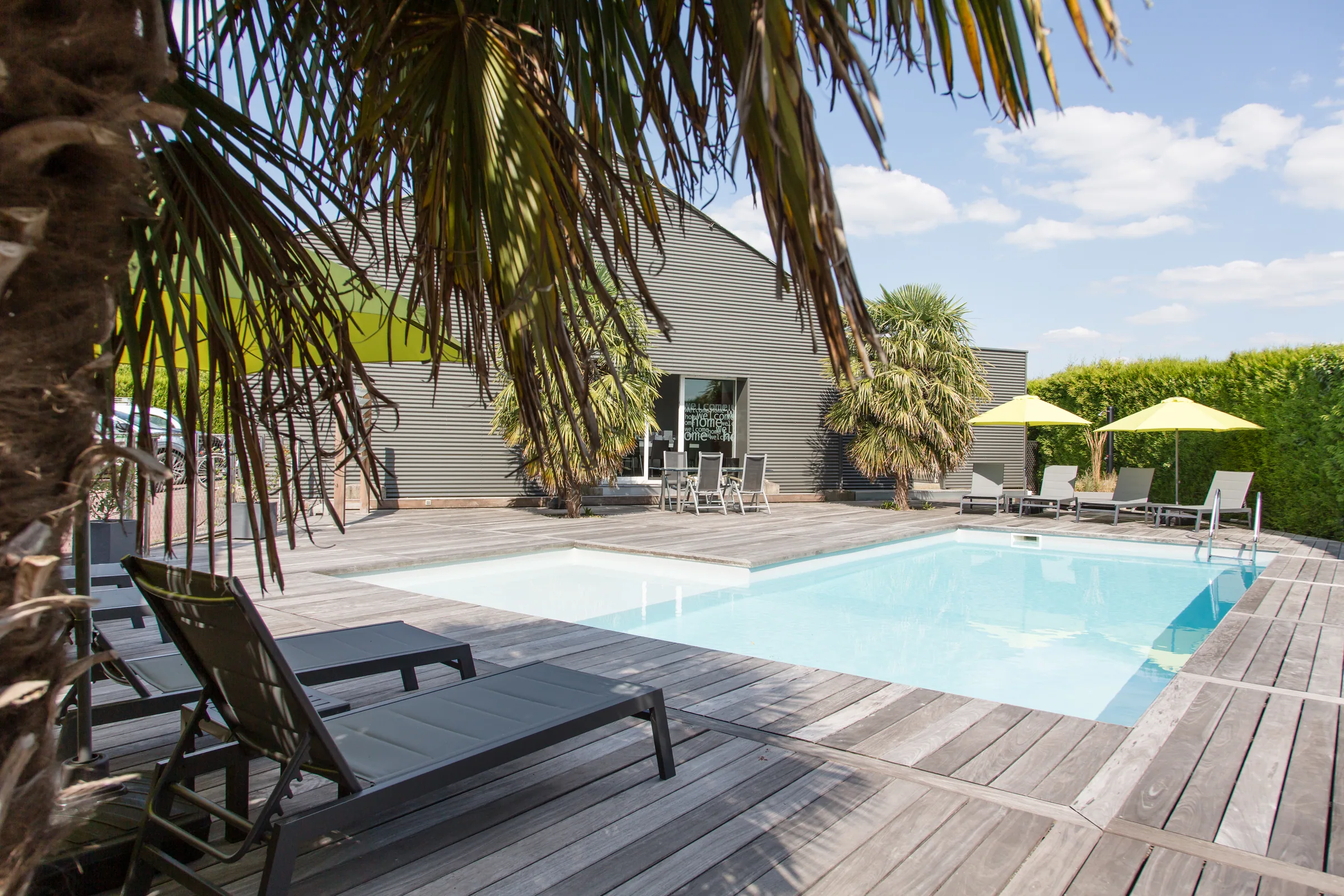 La piscine de Maison La Vesée, vue sur le bassin avec les feuilles de palmier en premier plan