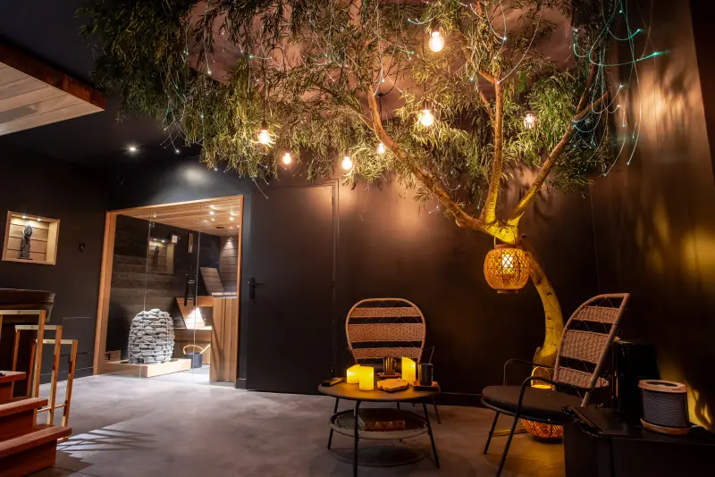 L'Espace bien-être de Maison La Vesée, vue d'ensemble sur le coin tisanerie avec son salon et l'arbre, le sauna en arrière-plan
